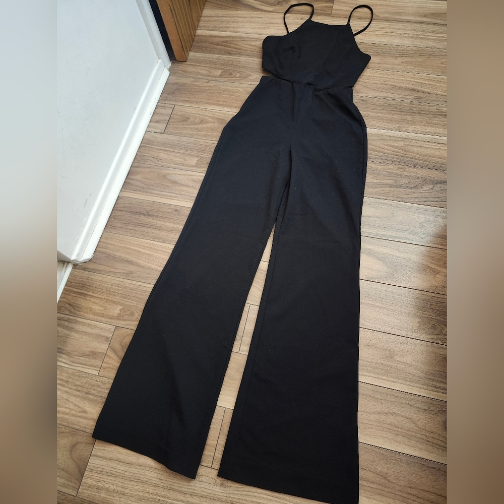 Elegant Black Women's Strap Jumpsuit Open Back Wide Leg